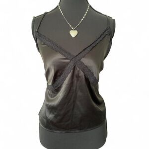 y2k silky black lace cami top